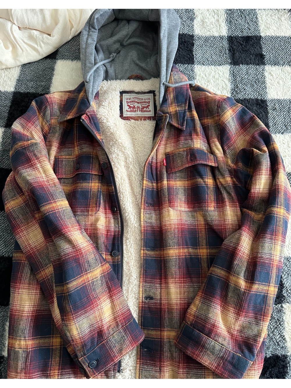 Levi's Men's Red, Navy & Tan Plaid Sherpa-Lined Flannel Shirt Jacket